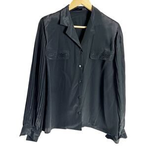 Vintage Baruch Black Pleated Long Sleeve Floral Embroidered Button Blouse Size M